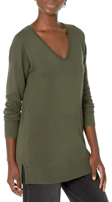 Produktbild von Amazon Essentials Damen Leichter Tunika-Pullover Mit Langen Ärmeln Und V-Ausschnitt (Erhältlich In Übergröße), Dunkles Olivgrün, L