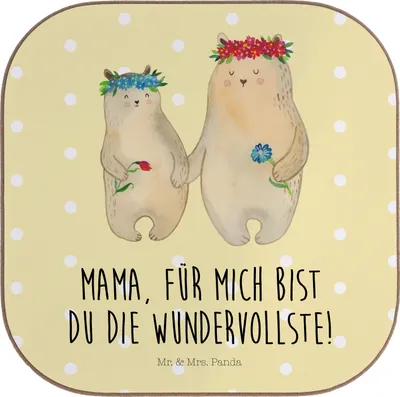 Produktbild von Mr. & Mrs. Panda Untersetzer für Gläser Bären mit Blumenkranz - Gelb Pastell - Geschenk, Coaster, Familie, Tischuntersetzer, Muttertag, Mama, Tischschoner, Kinder, Bär