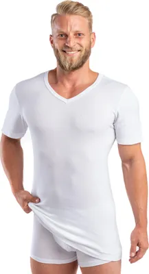 Produktbild von HERMKO 488710 2er Pack Extralanges Herren kurzarm Shirt +6cm V-Neck mit Bund als Abschluss, 100% Baumwolle, Größe:D 5 = EU M, Farbe:weiß