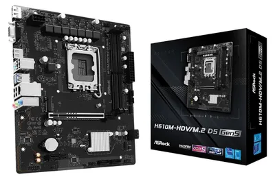 Zdjęcie produktu dla Asrock H610M-HDV/M.2 D5 Gen5, Intel, LGA 1700, Intel Core i7 12th Gen, Intel Core i5 14th Gen, Intel Core i5 13th Gen, Intel Core i5 12th Gen,..., DDR5-SDRAM, 128 GB, DIMM