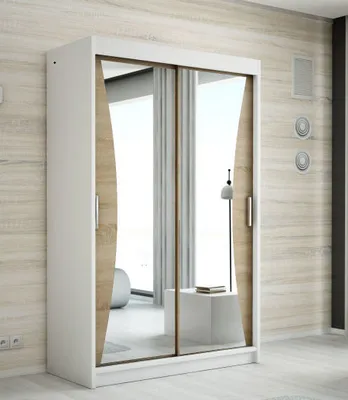 A modern wardrobe with sliding doors and mirrored panels, set against a wood-paneled wall.