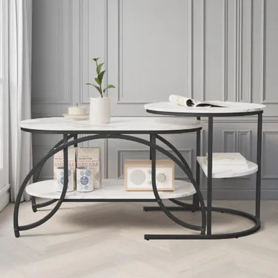 Zdjęcie produktu dla Zestaw stolików kawowych do salonu ProximaX 2-częściowy, owalny i okrągły, zestaw stolików bocznych, nowoczesny design, marmurowy wygląd