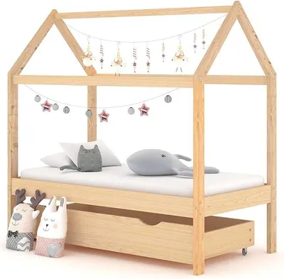 Obrázek produktu pro Dětská postýlka z masivního borového dřeva, rozměry 70 x 140 cm, s zásuvkou, rošt, úložný prostor, design postýlky ve stylu domečku, robustní konstrukce s kolečky