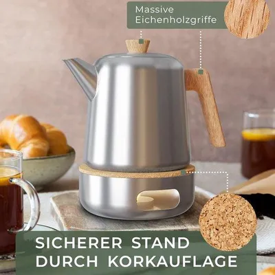 Produktbild von Famanu Teekanne mit Sieb, Thermo, Doppelwandig - Edelstahl mit Eichenholzgriffen
