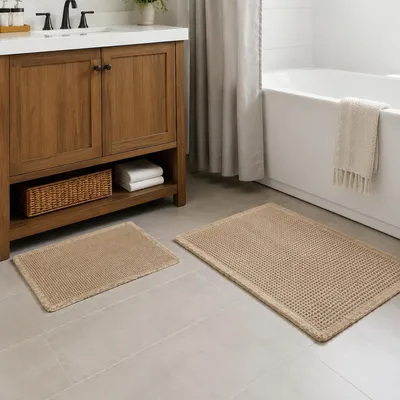 Zdjęcie produktu dla Dwuczęściowy dywanik łazienkowy w stylu boho, o wymiarach 43x61 cm i 61x122 cm, idealny do umywalki i kabiny prysznicowej