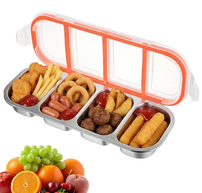 Produktbild von Lunchbox aus Edelstahl mit Fächern, 500-ml-Snackbox mit Fächern, Bento-Box aus Edelstahl mit 4 Fächern, Lunchbox mit Deckel, Snackteller, auslaufsichere Lunchbox, Lunchboxen für Schule und Camping