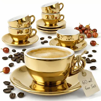 Produktbild von MUVELL 6x Espressotassen á 60 ml | goldfarben | Italian Style | extra dickwandig mit 0,8 cm & schwere Ausführung | spülmaschinenfest | 12 teiliges Espressotassen Set mit Untertassen - Geschenkset