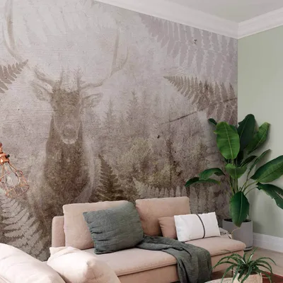 Produktbild von Vlies Fototapete - Forest motif - deer with antlers among fern leaves on concrete pattern 250x175 cm Tiere b-C-10020-a-b