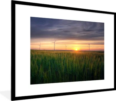 Produktbild von MuchoWow® Gerahmtes Poster Windmühle - Sonne - Gras 80x60 cm - Poster mit Schwarzem Bilderrahmen Wandposter Rahmen Foto Bilder - Schlafzimmer-Dekorationen - Fotoposter