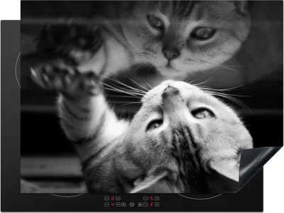Produktbild von KitchenYeah© Herdabdeckplatte Katze schaut auf ihr Spiegelbild , 70x52cm, Küche Deko, Glaskeramikkochfeld Herdabdeckung, Abdeckplatte fùr Kochfeld