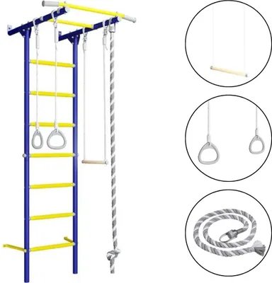 Produktbild von Sprossenwand für Kinder Indoor Klettergerüst aus Metall mit Gymnastikräder und Gymnastikschaukel   – Comet Next 6, Blau