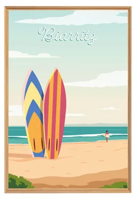 Image de Tableau mural encadré illustration plage de Biarritz 65x97 cm, Tableau mural moderne pour décoration intérieure