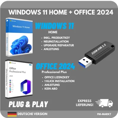 Produktbild von Windows 11 Home + Microsoft Office 2024 Professional Plus | 32GB USB 3.2 Installationsstick | inkl. Lizenzschlüssel | Bundle Set