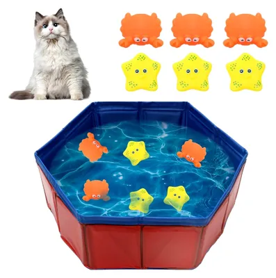 Produktbild von Katzenpool mit Fischen, Tragbarer Katzenpool mit 6 Spielzeugen, Schwimmbad-Fischspielzeug für gelangweilte Indoor-Katzen, Wasserspielzeug für Katzen, Interaktives Katzenspielzeug für den Pool