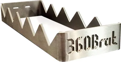 A stainless steel bratwurst holder with a zigzag design and the brand name "360Brat" cut out.