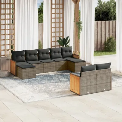 Produktbild von Design 9-tlg. Garten-Sofagarnitur mit Kissen Grau Poly Rattan, Gartenmöbel-Sets 2024 Neu