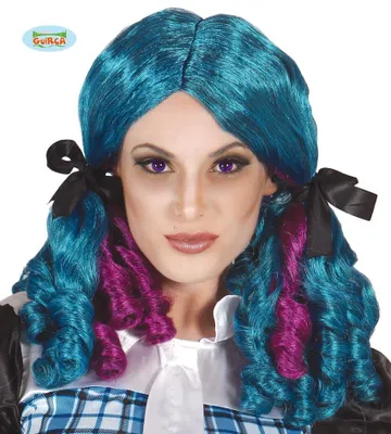 Produktbild von lange blau lila gelockte Perücke mit Zöpfen