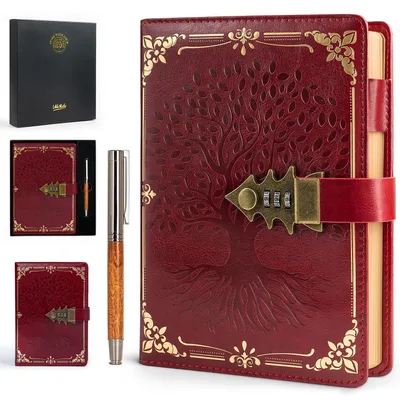 Image de Cahier à spirales avec cadenas, format A5, 260 pages, couverture rigide, couleur rouge, comprenant un stylo, présenté dans une boîte cadeau