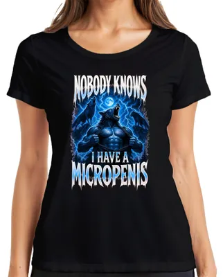 Zdjęcie produktu dla T-shirt damski, czarny, rozmiar XL. Nadruk: "Nikt nie wie, że mam mikropenis. Wilkołak. Sarkazm."