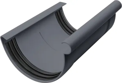 A 3D rendering of a gray half-round gutter connector.