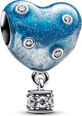 A blue heart-shaped charm with glitter and clear stones, attached to a silver dangle with clear stones.