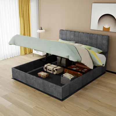 Productafbeelding van Gestoffeerd bed van 160x200 cm in grijs, met fluweelbekleding, een gestoffeerd hoofdeinde en opbergruimte met gasveermechanisme, ideaal voor de slaapkamer