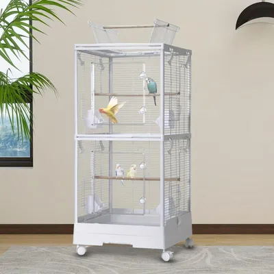 Produktbild von Vogelkäfig – 2-in-1: Reisetablett und Spielgestell mit 2 Ebenen – Weiß – Mit Rollen