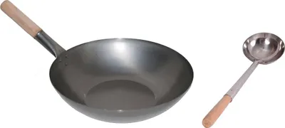 Produktbild von WOK SET, 35FB-K02, Wok Pfanne 35 cm Ø flacher Boden Kohlenstoffstahl + Wokkelle 02 Edelstahl 44 cm mit Holzgriff genietet, Pfanne geeignet für Gas, Induktion, Glaskeramik und Elektro, AAF Nommel ®