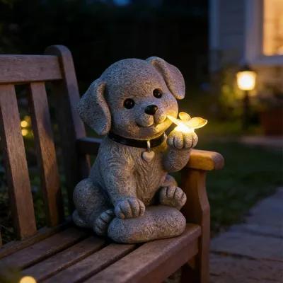 Produktbild von Dekorative Hundestatue für den Außenbereich, solarbetrieben, mit Schmetterling, IP65 wasserdicht, wetterbeständige Hundestatue für Garten, Balkon, Rasen und Teiche.