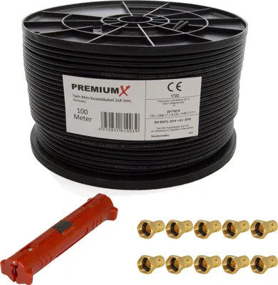 Produktbild von PremiumX 100 Meter Sat Koaxial Kabel 90dB Twin Mini 2x 4 mm Schwarz Antennenkabel + Abisolierwerkzeug mit 2 Klingen für RG58 59/62 RG6 + 10 F-Stecker