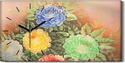 Produktbild von Leinwand Uhr Küche Wohnzimmer Bild 60x30 Chrysanthemenblüten auf einer Wiese - schwarze Hände
