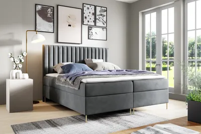 Produktbild von Sofello Boxspringbett 140 x 200cm 2x Bettkasten TOPPER 5cm Gratis Grau Velour hohe goldene Beine.