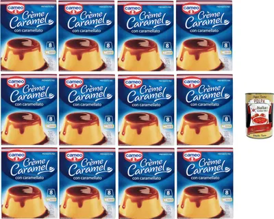 Produktbild von Cameo Crème Caramel Mix mit karamellisiertem, leicht zuzubereitendem Dessert, enthält 2 Beutel Dessertmix und 2 Beutel karamellisiertes, 8 Portionen, 12x 200 g + Italian Gourmet polpa 400g