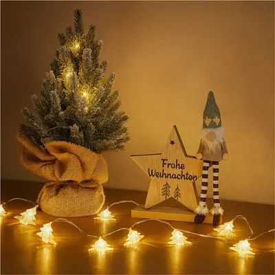 Produktbild von Weihnachtsdeko Set mit LED Baum, Lichterkette & Wichtel auf Holzstern