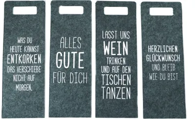 Produktbild von Flaschentasche Filz für Weinflaschen mit Tragegriff und Sprüchen Geschenkverpackung für Wein 4 Stück Set