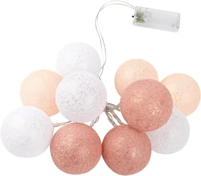 Productafbeelding van Lichtsnoer met 10 leds - Werkt op batterijen - 10 katoenen bollen in 3 kleuren - Ø 60 mm per bol - Incl. timer wit