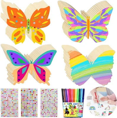 Produktbild von Bastelset Holzschmetterlinge 40-teilig, mit Stickern und Buntstiften, für kreative Kinder