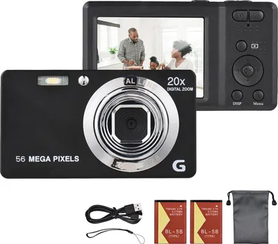 Zdjęcie produktu dla Przenośny aparat cyfrowy TFT o przekątnej 2,7 cala, 56 MP, 4K Ultra HD, 20-krotny zoom, autofokus, samowyzwalacz, rozpoznawanie twarzy, stabilizacja obrazu, w zestawie 2 baterie, smycz, idealny prezent dla dzieci i młodzieży