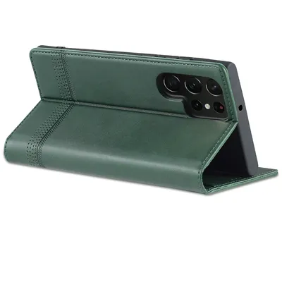 A green leather flip case for a Samsung Galaxy S22 Ultra 5G phone, shown in a standing position.