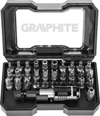 Produktbild von GRAPHITE Service-Bit-Satz, 32 Stück Torx Security 8/10/15/20/25/27/30/40, Hex Security 2/2,5/3/4/5/6 und 5/64", 3/32", 7/64", 1/8", 9/64", 5/32", Tri Wings 1/2/3/4, Four Wings 6/8/10, Spanner 4/6/8/10
