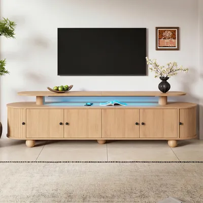 Image de Meuble TV Merax avec éclairage LED, meuble TV avec portes coulissantes et portes fixes, meuble TV de salon au design rétro, aspect bois naturel