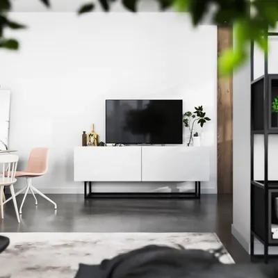 Produktbild von Loft TV-Schrank TV-Lowboard Enjoy Zweitürig Schwarze Metall Fußgestell Modern Lindner Möbel  120cm x 46cm x 35cm Farbe: Weiß matt - Weiß matt
