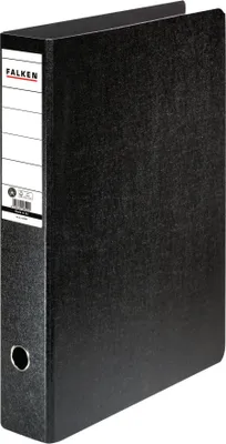 A black binder is shown standing upright against a white background.