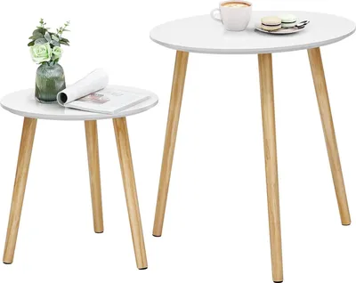 Productafbeelding van Bijzettafels set van 2 - Ronde salontafels Scandinavisch - Massief grenen poten - MDF - Wit en naturel