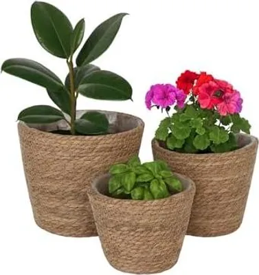 Produktbild von Relaxdays Blumentopf, 3er Set, Schilf, Pflanzentöpfe mit Folie, 3 Größen, Boho-Style, runde Blumenübertöpfe, Natur