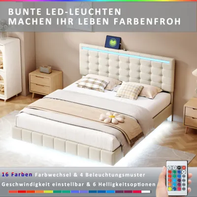 Produktbild von Polsterbett 160 x 200 cm,gepolsterter Schwebebettrahmen mit LED-Leuchten und Kopfteildesign, flächiges Doppelbett-Gästebett 160 x 200 cm