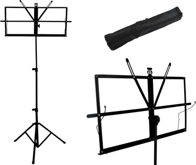 A black music stand and its carrying case are displayed against a white background.