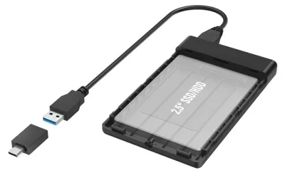 A black USB enclosure for a 2.5-inch SSD or HDD, shown with a USB-A to USB-C adapter.