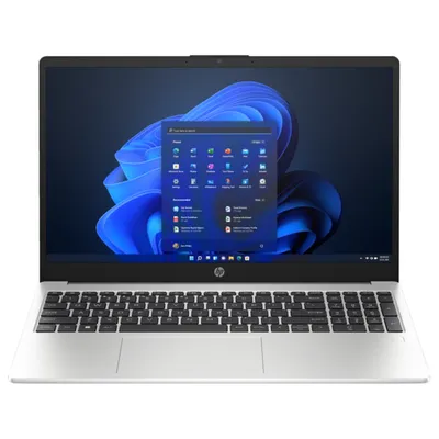 A silver HP laptop is shown from the front, open with the screen displaying the Windows 11 interface.