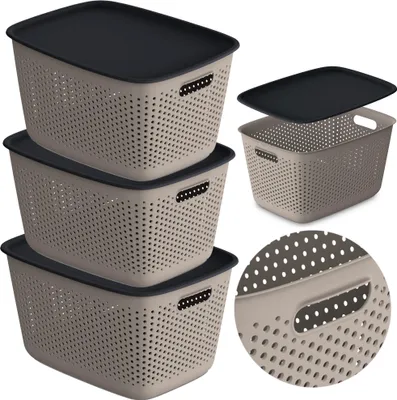 Zdjęcie produktu dla 3X Pojemnik Plastikowy Ażurowy Pudełko Z Pokrywą Pojemniki Box 17L Brązowy